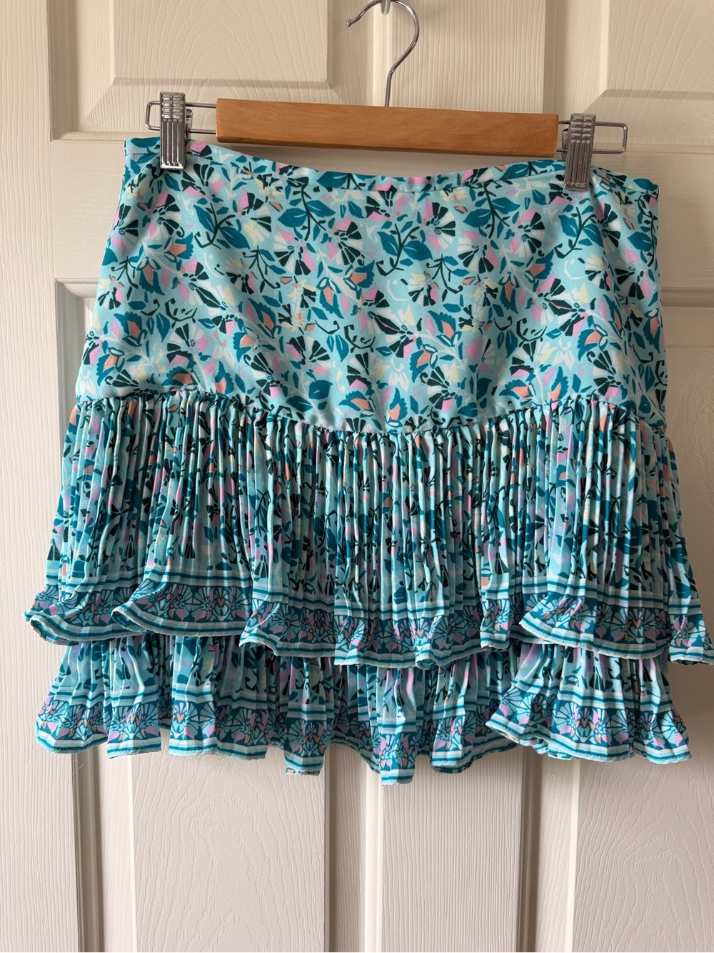 BCBGMaxAzria Aqua Floral Tiered Mini Skirt with Pink & Baby Blue Accents